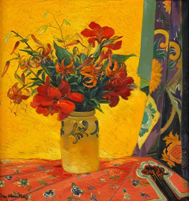 STILL LIFE OF FLOWERS AGAINST A YELLOW DRAPE