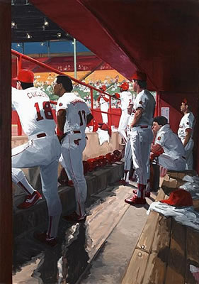 DUGOUT AT NIGHT: RALLY by John Hull - Auction record, sale price, and art valuation. Compare with similar artists and explore comparable artworks.