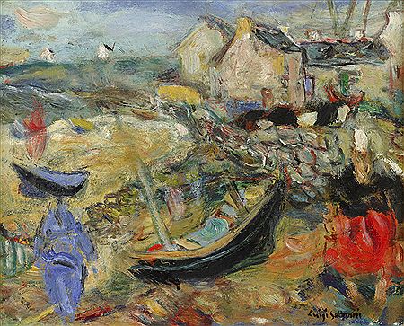 FIGURES AND BOAT ON THE SHORE