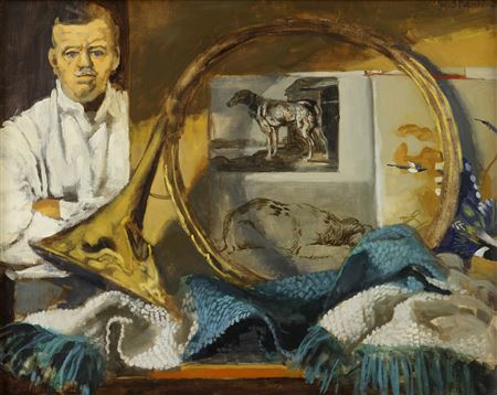 Portrait of Walter Stuempfig Jr: SELF-PORTRAIT WITH HUNTING HORN AND ANIMAL SKETCHES