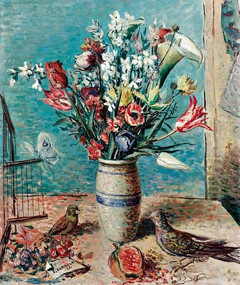 Vaso di fiori con melograno e uccelli