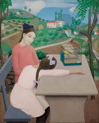Paesaggio e figure (ragazze con la gabbietta) - 1920