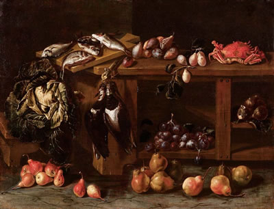 Natura morta di penna, pesci, frutta e verdura
