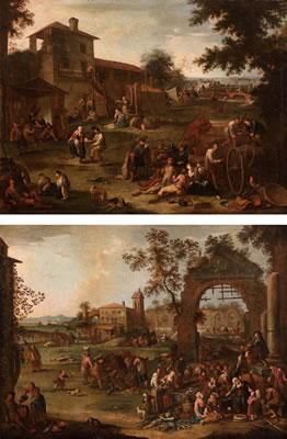 A) La raccolta del mosto e altre scene b) Cantastorie e altre scene