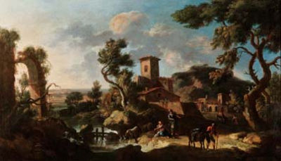 Paesaggio fluviale con animali e pastori