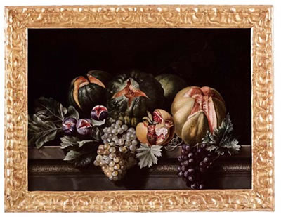 Natura morta con fichi, uva, melone, zucche e melagrana