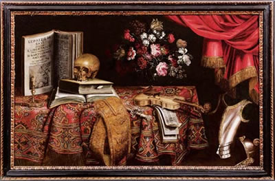 Natura morta con libri, teschio, un violino e un vaso di fiori su un tappeto