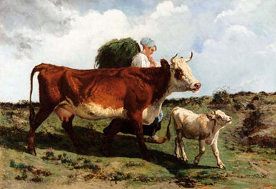Contadina con mucca e vitellino