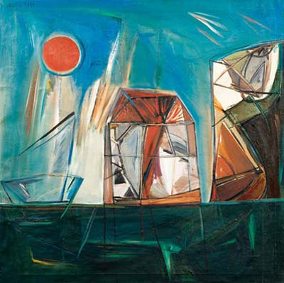 Casa su palafitte con sole rosso by Sergio Vacchi - Auction record, sale price, and art valuation. Compare with similar artists and explore comparable artworks.