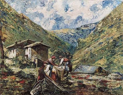 Paesaggio montano con lavandaie by Ermenegildo Agazzi - Auction record, sale price, and art valuation. Compare with similar artists and explore comparable artworks.