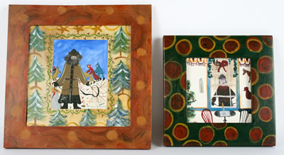 Pair of Folk Art Holiday Paintings in Hand Painted Frames