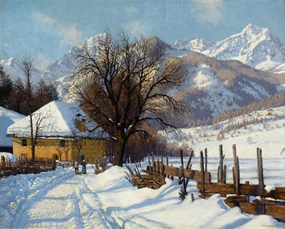 Boerderij in een zonovergoten sneeuwlandschap