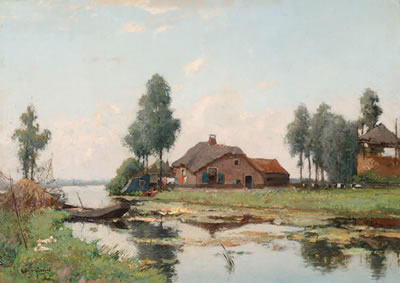 Vaart langs een boerderij met eenden op de voorgrond