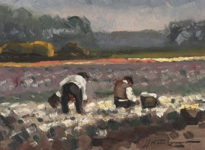 Men working in a bulb field by Johannes Jacobus Hendrikus van Leeuwen - Auction record, sale price, and art valuation. Compare with similar artists and explore comparable artworks.