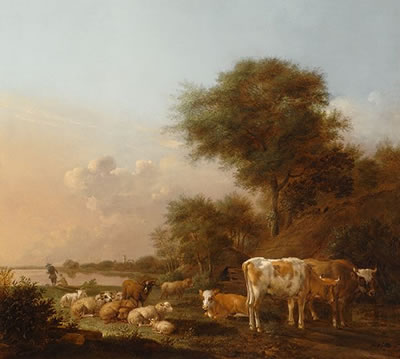 Resting cattle by the water