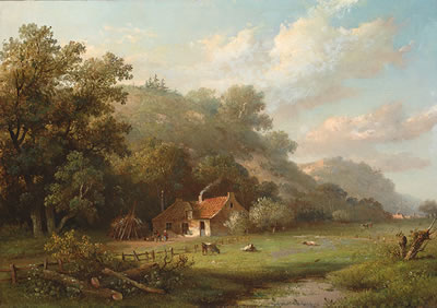 Landscape with cows by a farm by Johannes Pieter Van Wisselingh - Auction record, sale price, and art valuation. Compare with similar artists and explore comparable artworks.