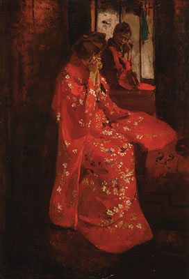 Girl in red kimono in front of a mirror
