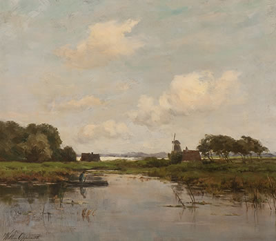 Angler in his flat boat on a canal