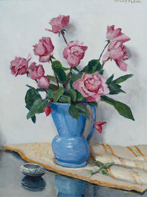 Still life with roses in a blue earthenware jug