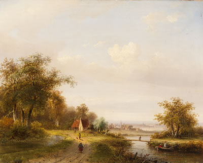 Path along the water with a view of a village by Claas Hendrik Meiners - Auction record, sale price, and art valuation. Compare with similar artists and explore comparable artworks.