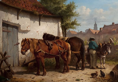 Two horses and a donkey being put to a cart