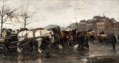 Workhorses with carts at de Boompjes, Rotterdam by August Willem Van Voorden - Auction record, sale price, and art valuation. Compare with similar artists and explore comparable artworks.