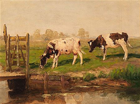 Two cows by the edge of a ditch