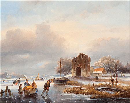 Skaters and sleigh near a ruined tower