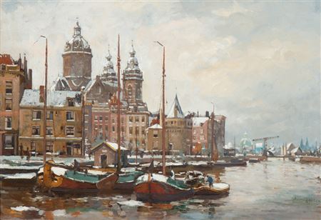 Winter view of the Sint Nicolaaskerk and Schreierstoren in Amsterdam