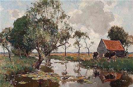 Sample artwork by Gerard Altmann (1877 - 1940), known for ;landscape, pasture, cows in landscape painting - View similar artists and auction records