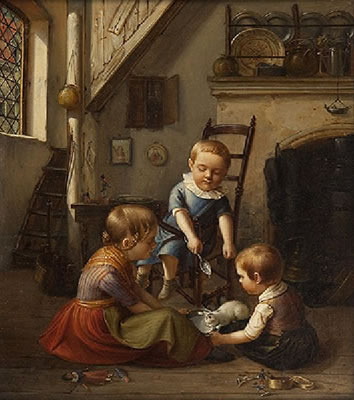 Trois enfants jouant dans un intérieur, 1849 ou 1869. by Peter Joseph Minjon - Auction record, sale price, and art valuation. Compare with similar artists and explore comparable artworks.
