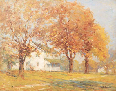 Autumn landscape with a white farmhouse