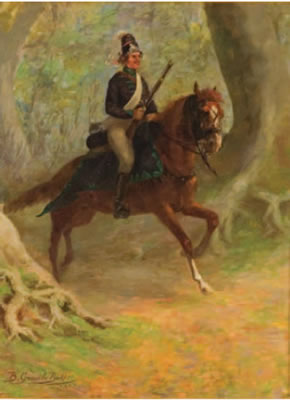 Cavalry man riding through woods