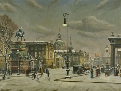 Winterliche Abendstimmung unter den Linden, im Vordergrund das Denkmal Friedrichs des Großen, die Universität und das Zeughaus