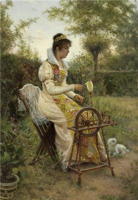Elegante Dame am Spinnrad in einem sommerlichen Garten