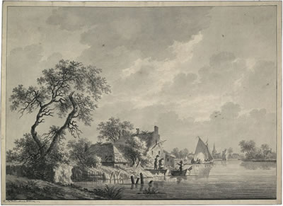 Flußlandschaft mit einem Fischerdorf