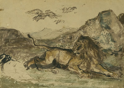 Ruhender Löwe in bergiger Landschaft