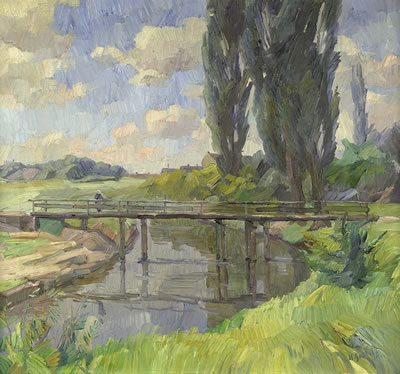 Flußlandschaft mit Brücke und Pappeln