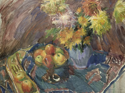 Stillleben mit Äpfeln und Chrysanthemen