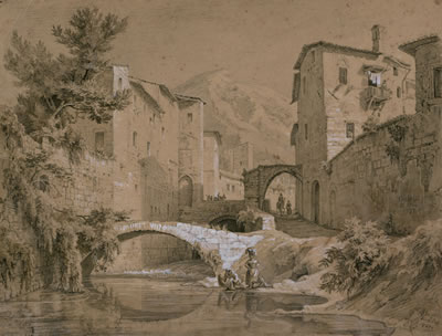 Wäscherinnen an einem Fluss in Gubbio im Apennin