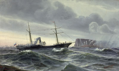 Russischer Zweimaster in stürmischer See am Nordkap.