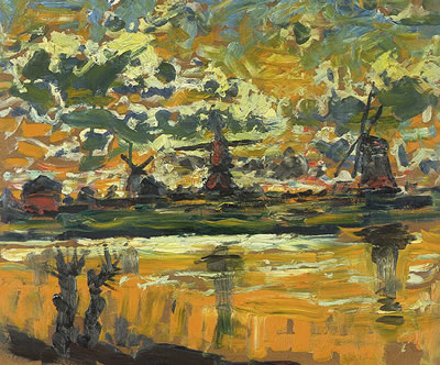Holländische Windmühlen im Abendrot.