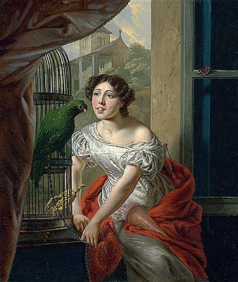 Junge Dame mit Papagei am Fenster
