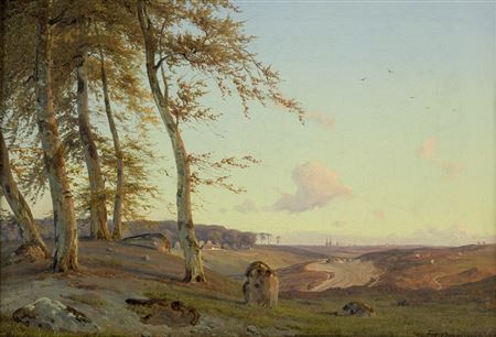 Hügellandschaft bei Sonnenuntergang in Seeland, im Hintergrund der Dom von Roskilde. by Frederik Carl Julius Kraft - Auction record, sale price, and art valuation. Compare with similar artists and explore comparable artworks.