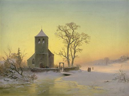 Abendliche Winterlandschaft mit romanischer Kirche.
