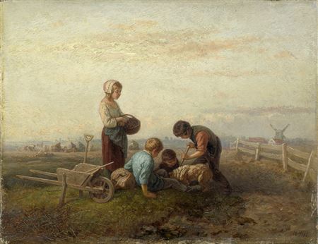 Junge Bäuerin mit Kindern auf dem Kartoffelfeld.