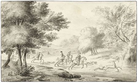 Hirschjagd mit Reitern in einer Waldlandschaft.
