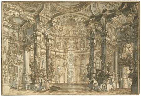 Bühnenbildentwurf mit prunkvoller Palasthalle und zwei Portici, mit verschiedenen Schauspielern. by Giuseppe Galli Bibiena - Auction record, sale price, and art valuation. Compare with similar artists and explore comparable artworks.