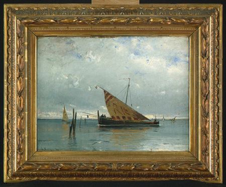 Venezianisches Marktboot in der Lagune vor Venedig.
