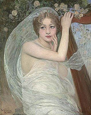 "Das Erblühen" (Mädchen mit Harfe vor einem Rosenbusch).